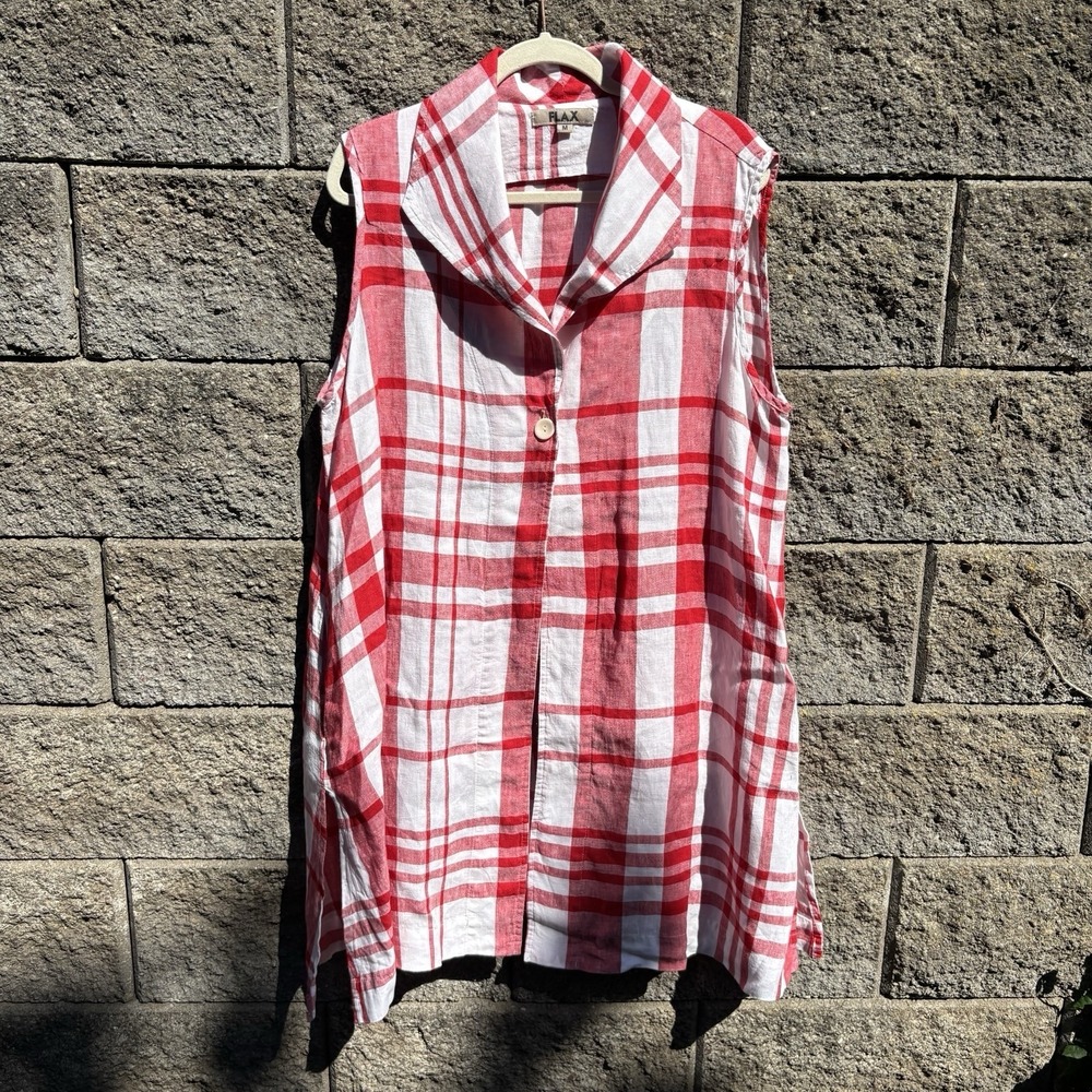 Flax 100% Linen Tunic Vest Women's Medium‎ Red Plaid Woven One Button Lagenlook